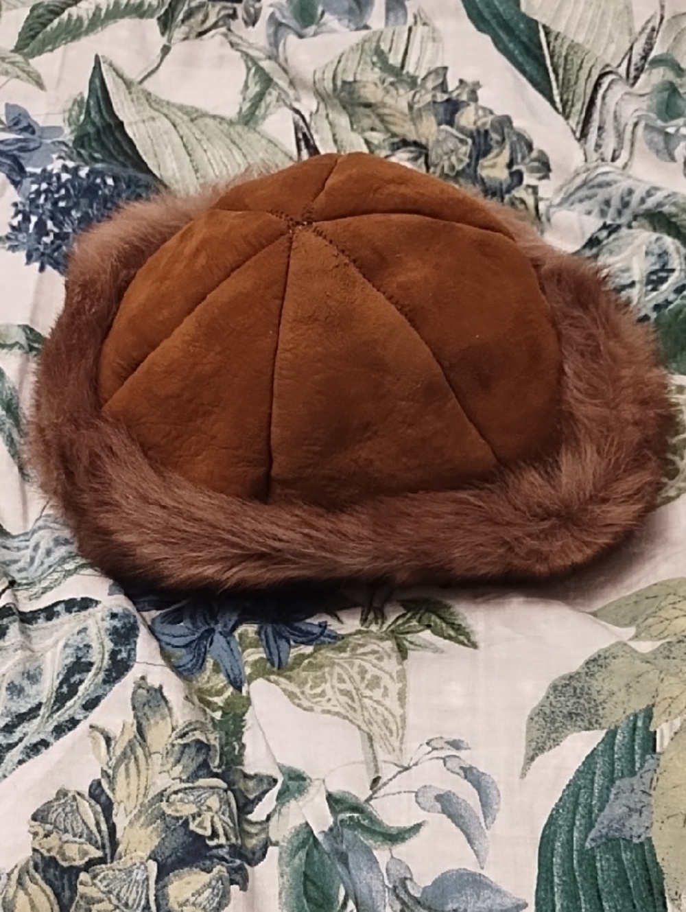 Brown Shearling Skin With Faux Fur Trim Winter Hat